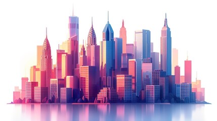 Obraz premium A futuristic cityscape with tall glowing buildings in blue, pink and red, with reflection on a white background.