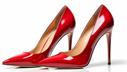Elegant Red High Heels with Pointed Toe and Glossy Stiletto Heel Fashionable Isolated Image