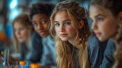  Group of diverse schoolchildren engaged in a science class, with a focus on a curious blonde girl making eye contact with the camera, representing education and youth