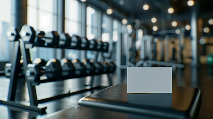 Fototapeta premium Modern Gym Interior Featuring Dumbbells and an Empty Business Card on Post-Workout Bench