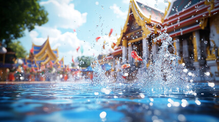 Fototapeta premium Vibrant water splashes at a traditional temple during a sunny day in Thailand, showcasing the lively atmosphere and colorful decorations