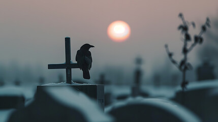 Crow Standing Still on Top of a Grave, Eerie and Mysterious Cemetery Scene