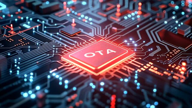 OTA centered within a flowing stream of digital information, illustrating a firmware update process in a modern