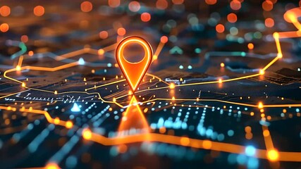 A detailed digital map with a highlighted GPS pin and a distinct route path, illustrating modern navigation solutions - Powered by Adobe