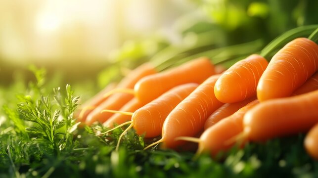 A close-up image of fresh, organic carrots lying on green grass with bright sunlight illuminating them. The carrots are a vibrant orange, symbolizing health, vitality, and growth. They represent the b