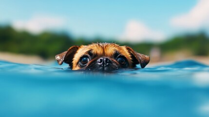 A close-up of a cute pug puppy swimming in a blue body of water with its head poking above the surface. The puppy's brown fur is wet and its big brown eyes are looking up at the camera with an innocen