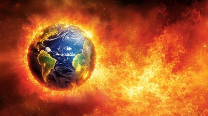 Obraz premium A fiery transformation of Earth surrounded by flames against a cosmic backdrop, illustrating the effects of climate change