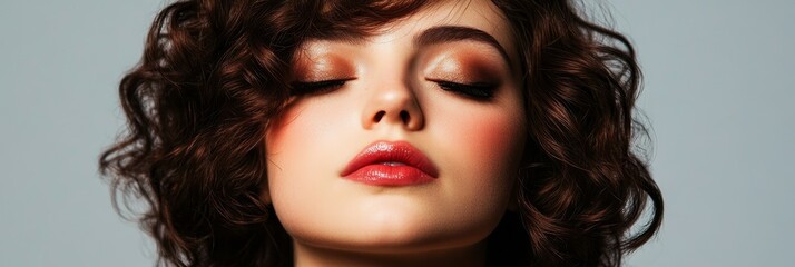 Fototapeta premium A closeup portrait of a woman with her eyes closed, showcasing soft focus and a gentle expression. The image symbolizes peace, tranquility, beauty, relaxation, and inner peace.