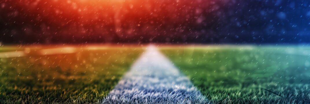 A close-up shot of a football field, with a white line cutting through the green grass. The background is a blurred, vibrant blue, red, and orange. The image symbolizes the beauty of the sport, the ex