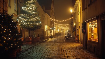 Charming cobblestone street decorated with festive lights and Christmas trees during a foggy winter evening
