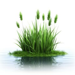 A small pond with a bunch of green grass growing around it