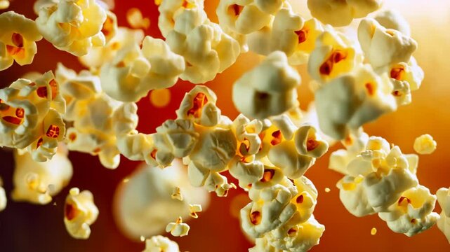 Watch kernels pop into fluffy popcorn in slow motion amidst a smoky backdrop during a late-night snack preparation