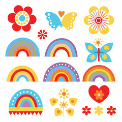 Colorful Scandinavian style rainbows for Baby shower children's party, cute bright color rainbow vector symbol set Summer cute clipart