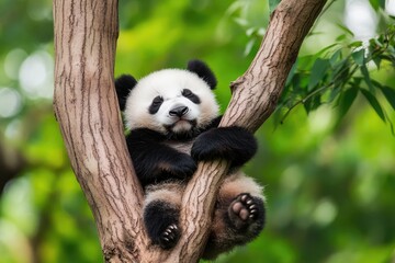 Fototapeta premium A playful giant panda cub lounging in a tree surrounded by lush greenery in a serene forest setting during a sunny afternoon