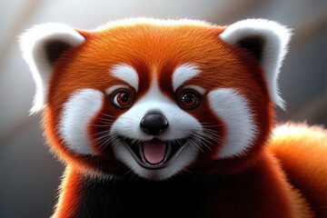 Obraz premium A playful red panda smiles joyfully in a sunlit forest setting, showcasing its vibrant fur and expressive eyes during a perfect afternoon stroll among the trees