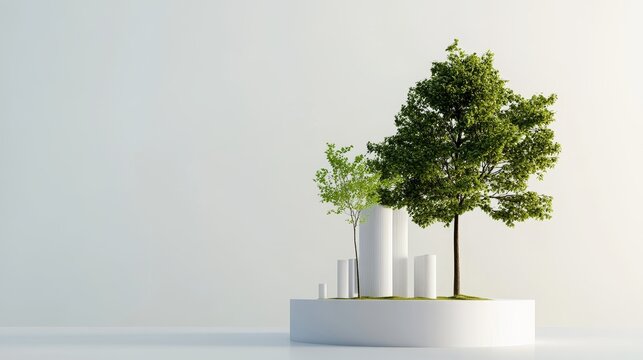 A conceptual model showcasing a sustainable city with trees and abstract white structures symbolizing growth, harmony, clean energy, and a connection with nature.