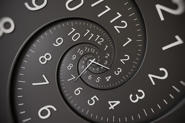 Abstract modern black spiral clock dial with arabic numerals. Concept of Infinite time, deadline, scheduling, time and space, past, present and future.