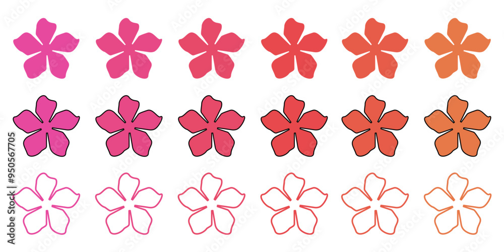 Poster collection of simple vector flowers in various vibrant colors - set of flat and outline flowers isol