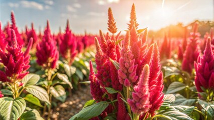 Fototapeta premium amaranth flower field with sunny filter.