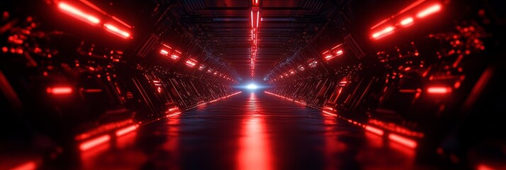 Fototapeta premium A futuristic spaceship corridor with red glowing lights, symbolizing innovation, technology, space exploration, and the unknown.