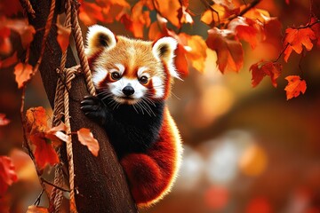 Obraz premium A playful red panda explores its vibrant autumn surroundings while perched on a sturdy tree branch, capturing the essence of fall in a serene forest setting
