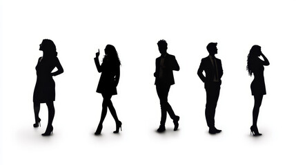 Obraz premium A graphic image of five people in silhouette, standing in different poses, representing a diverse group, individual, identity and unity.