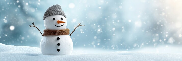 Fototapeta premium A happy snowman with a knitted hat and scarf stands in a snowy landscape, surrounded by falling snow. The scene symbolizes joy, winter fun, and the magic of the season.
