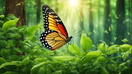 Fototapeta premium Illustration of Butterflies flying and dancing in a Green Paradise of a green forest