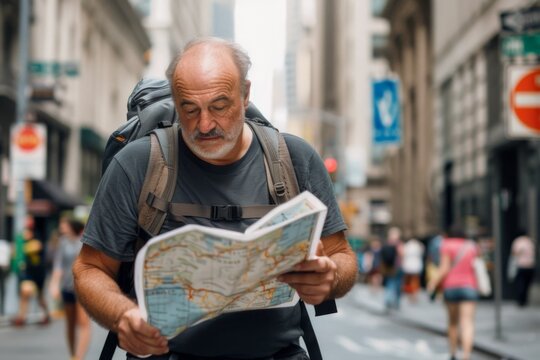 Man in His 50s Exploring the World, Map in Hand, on a Solo Travel Adventure.