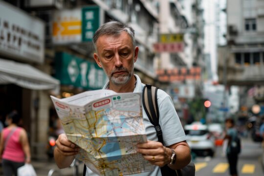 Solo Traveler in His 50s Consulting a Map During His World Adventure.
