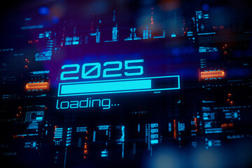 New 2025 year progress bar on digital lcd display with reflection. Concept of new year, annual plan, growth strategy, business planning, investment trends and strategy road map.