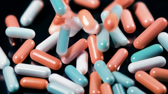 Various brightly colored capsules and tablets tumble onto a smooth, reflective surface, creating an engaging visual display of pharmaceutical products