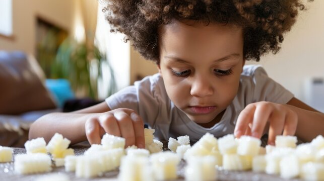 Multiracial Child With Curly Hair Holding White Sugar Cubes. Childhood Innocence Concept, sugar addiction and heperactivity in children. Generative ai