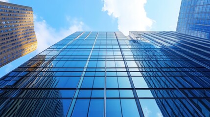 Fototapeta premium Modern Glass Skyscraper Against a Blue Sky