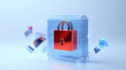 Obraz premium A red padlock inside a transparent cube surrounded by digital data, symbolizing secure data protection, network security, digital privacy, cybersecurity, and technology advancement.