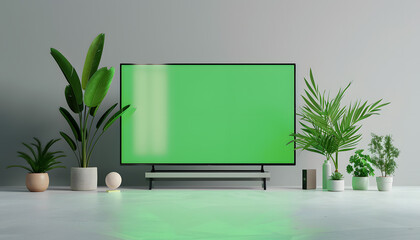 modern room in the house TV with a green screen. Back or rearview. Leisure concept.