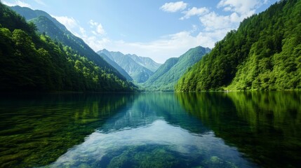 A serene mountain lake surrounded by lush green forests, with clear blue water reflecting the sky and surrounding mountains. This image evokes tranquility, peace, and the beauty of nature.