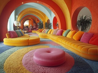 colourful 70s style interior design, generative ai