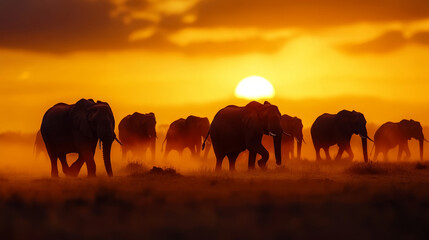 Fototapeta premium A silhouette of an African elephant herd walking through the savanna at sunset, bathed in golden light and casting long shadows. The image symbolizes unity, strength, and the beauty of nature.