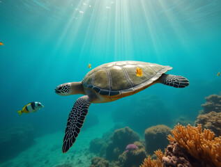 Obraz premium Meeresschildkröte schwimmt über Korallenriff