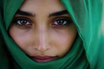 Naklejka premium woman's eyes, covered by a green hijab