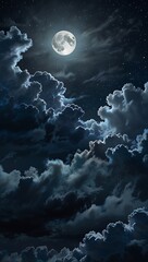 A serene night sky bathed in moonlight, with soft clouds illuminated by the gentle glow of the moon. The moonlight reflects off the clouds, creating a luminous