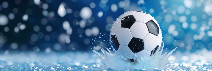 Fototapeta premium A soccer ball splashes into a pool of water, creating a vibrant and dynamic scene. The blue background and water droplets enhance the visual appeal of the image, symbolizing energy, action, and the th
