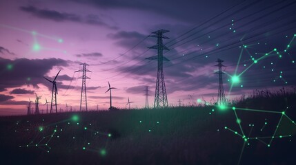 photograph of wind turbines and power lines, with a dark purple sky and clouds