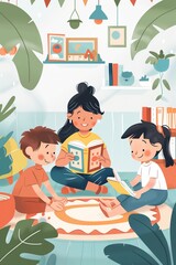 Children in a kindergarten sitting with a teacher who is reading a book to them. The scene captures a moment of learning and engagement in an educational environment.