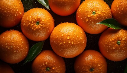 close-up of oranges with water drops, highlighting the texture and juiciness of the fruit