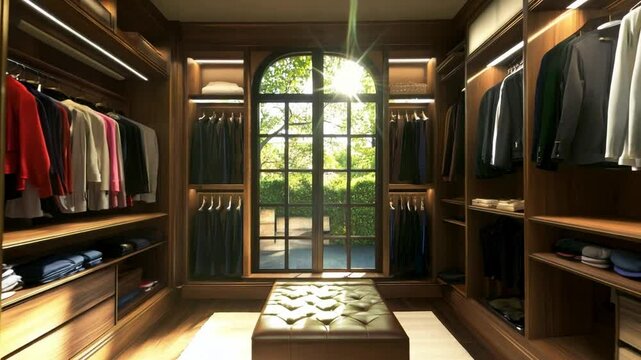 The well-organized wooden closet features neatly hung garments, a central seating area, and large windows allowing natural light to illuminate the space and reveal lush outdoor greenery.