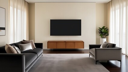 Stylish Modern Bedroom with Large Wall-Mounted TV Screen, Minimalist Decor, and Cozy Ambiance - Perfect for Interior Design, Home Decor, and Technology Integration Concepts