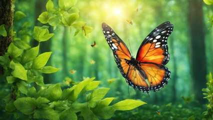 Fototapeta premium Illustration of Butterflies flying and dancing in a Green Paradise of a green forest