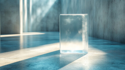 A glass cube with a cloudy sky inside stands on a concrete floor. The sun shines through the glass, casting a long shadow.